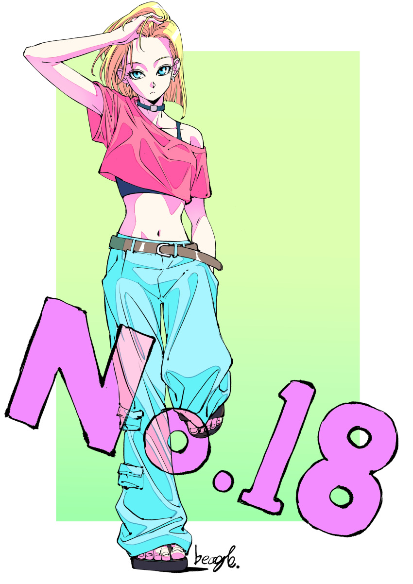 absurdres alternate_costume android_18 artist_name baggy_pants belt black_bra black_choker black_footwear black_sports_bra blonde_hair blue_eyes blue_pants border bra breasts brown_belt choker closed_mouth commentary_request crop_top dragon_ball dragon_ball_z earrings female hand_in_own_hair hand_in_pocket highres hoop_earrings jewelry leg_up looking_up midriff navel pants parted_hair pink_shirt sandals shirt short_hair silver_earrings small_breasts solo sports_bra strikebeagle underwear white_border