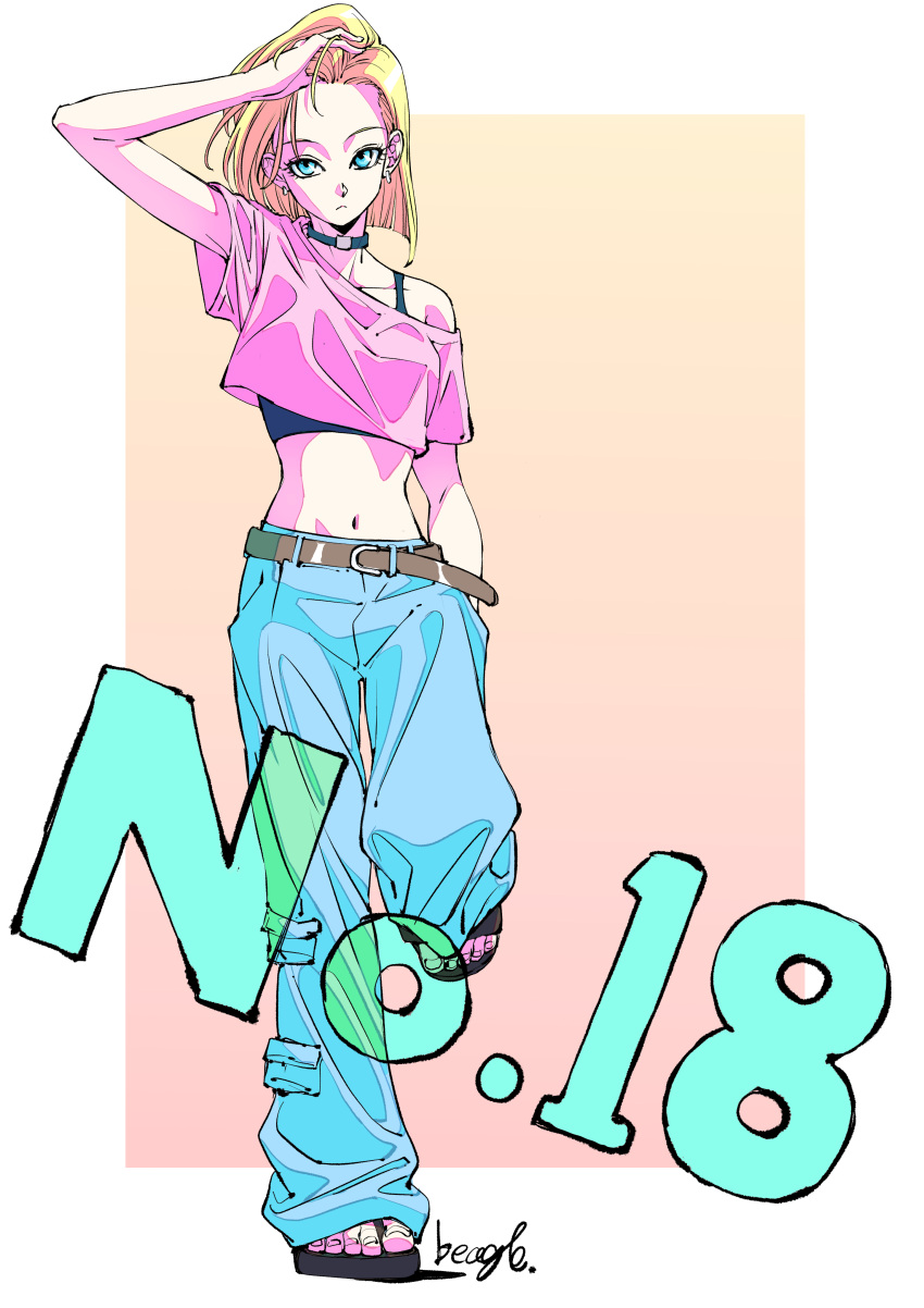 absurdres alternate_costume android_18 artist_name baggy_pants belt black_bra black_choker black_footwear black_sports_bra blonde_hair blue_eyes blue_pants border bra breasts brown_belt character_name choker closed_mouth commentary_request crop_top cropped_shirt dragon_ball dragon_ball_z earrings female full_body hand_in_own_hair hand_in_pocket highres hoop_earrings jewelry leg_up looking_up midriff navel pants parted_hair pink_shirt sandals shirt short_hair silver_earrings small_breasts solo sports_bra strikebeagle underwear white_border