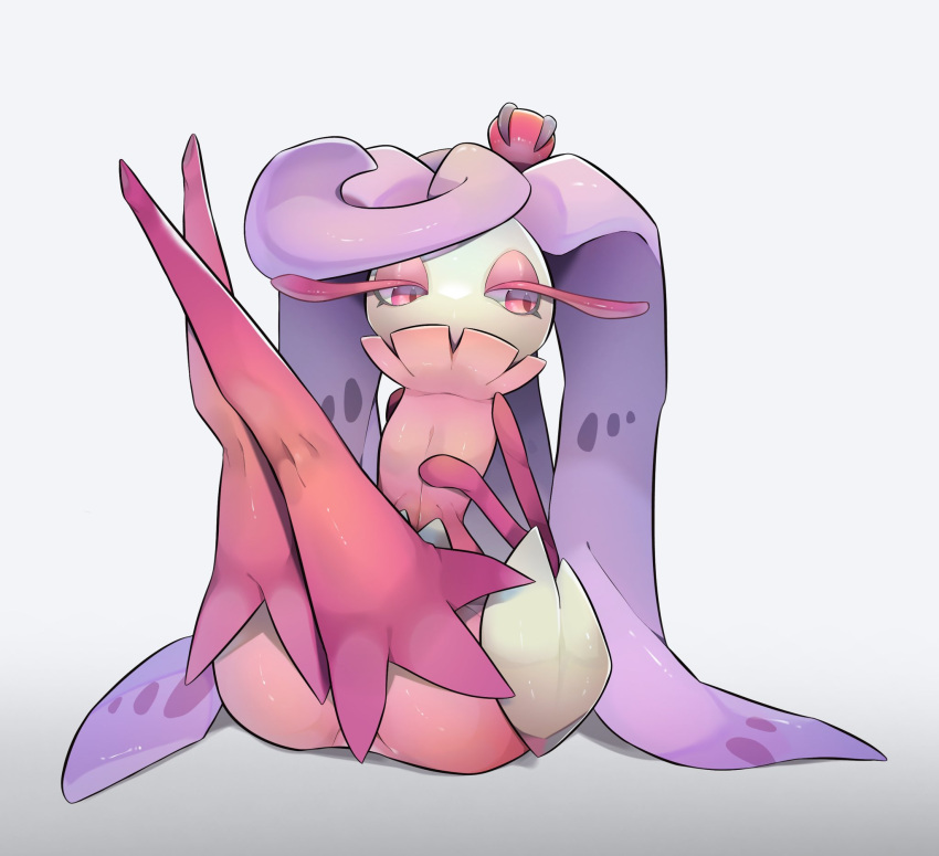 alternate_color ass boots colored_eyelashes crossed_legs crown ebichi_(mon600n) female highres legs_up pink_eyes pokemon purple_hair shiny_pokemon thigh_boots tsareena