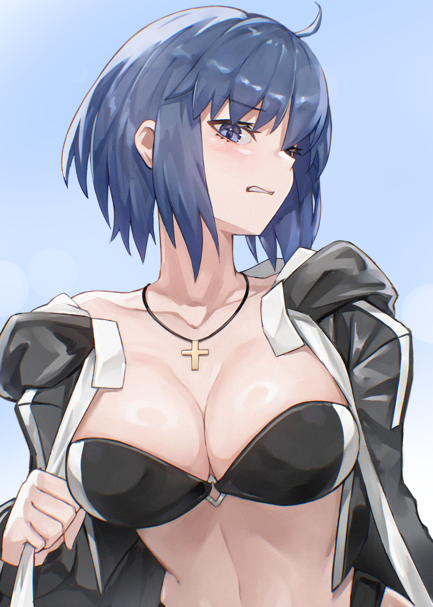 absurdres bikini black_bikini blue_eyes blue_hair ciel_(tsukihime) cross cross_necklace disgust female highres jacket jewelry necklace open_clothes open_jacket short_hair swimsuit tsukihime umeo_(pixiv51103813)