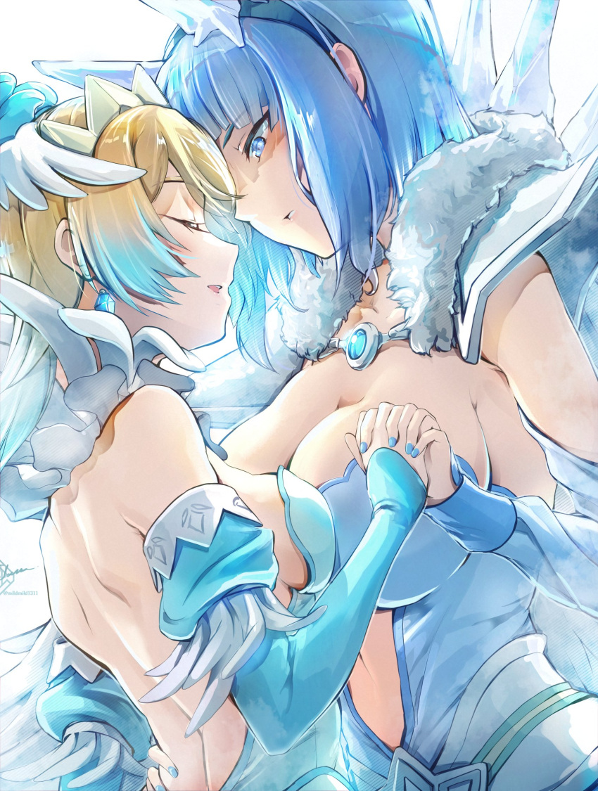 2girls backless_dress backless_outfit bare_shoulders blonde_hair blue_eyes blue_hair breasts cape clear_glass_(mildmild1311) cleavage closed_eyes dress feather_cape feather_trim fire_emblem fire_emblem_heroes fjorm_(fire_emblem) fjorm_(ice_tribe)_(fire_emblem) highres holding_hands ice_horns interlocked_fingers large_breasts looking_at_another medium_breasts multiple_girls nifl_(fire_emblem) nifl_(ice_tribe)_(fire_emblem) official_alternate_costume short_hair sideboob simple_background smile strapless strapless_dress white_background white_cape