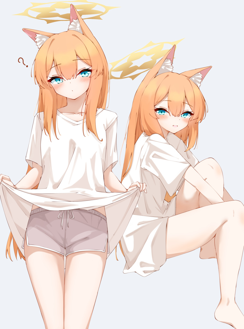 :d ? absurdres alternate_costume animal_ear_fluff animal_ears bare_legs blue_archive blue_eyes blush cat_ears clothes_lift expressionless female from_side hair_between_eyes halo highres kabocya_na lifting_own_clothes long_hair mari_(blue_archive) multiple_views orange_hair presenting shirt shirt_lift sitting sleepwear smile standing very_long_hair white_shirt yellow_halo