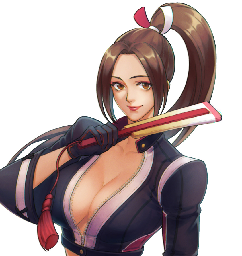 black_gloves black_jacket breasts brown_eyes brown_hair cleavage closed_mouth collarbone commentary cropped_jacket fatal_fury fatal_fury:_city_of_the_wolves female gloves hair_ornament hand_fan high_ponytail highres holding holding_fan jacket ktovhinao large_breasts lips long_hair looking_at_viewer official_alternate_costume parted_bangs partially_unzipped red_lips shiranui_mai smile solo upper_body white_background zipper