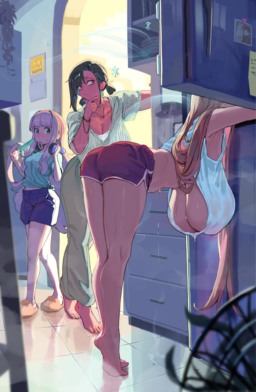 3girls ass bare_shoulders bent_over black_hair blonde_hair blue_eyes breasts cleavage dark-skinned_female dark_skin dolphin_shorts highres huge_breasts long_hair long_sleeves magister multiple_girls original pandora_smith_(magister) refrigerator short_hair shorts underboob very_long_hair