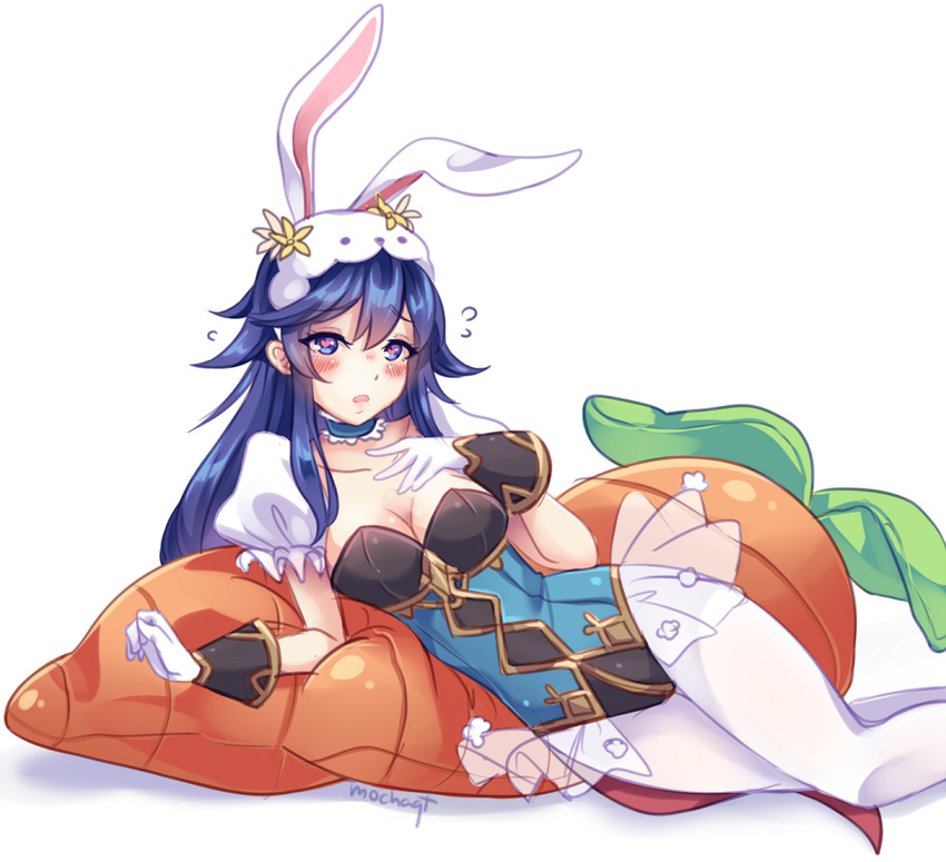 animal_ears blue_eyes blue_hair blush carrot commentary_request detached_collar fake_animal_ears female fire_emblem fire_emblem_awakening fire_emblem_heroes fishnet_pantyhose fishnets full_body long_hair looking_at_viewer lucina_(fire_emblem) lucina_(spring)_(fire_emblem) mochaqt official_alternate_costume open_mouth pantyhose playboy_bunny rabbit_ears rabbit_tail solo tail wrist_cuffs