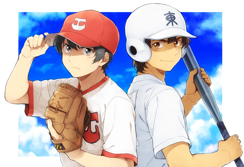 2boys alternate_eye_color back-to-back baseball_bat baseball_cap baseball_helmet baseball_mitt baseball_uniform black_hair brown_eyes brown_hair cloud commentary_request day grey_eyes hat helmet holding holding_baseball_bat honda_gorou looking_at_viewer major male_focus multiple_boys outdoors partial_commentary satou_toshiya sportswear standing tamaki_1214 tan upper_body