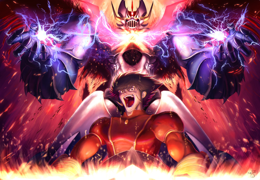 1boy 1other bad_id bad_pixiv_id brown_eyes brown_hair crazy_eyes domehada_pari energy fire highres kabuto_kouji lightning mazinger_(series) mazinkaiser mazinkaiser_(robot) mecha pilot_suit robot shouting sideburns signature super_robot super_robot_wars