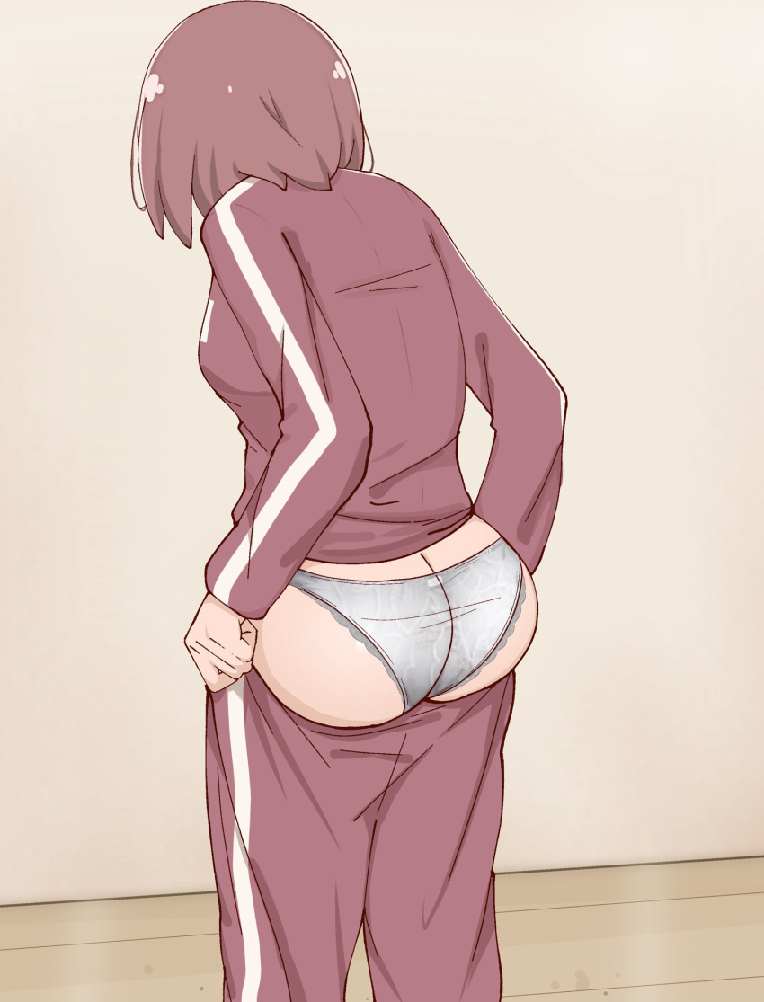 ass brown_hair commentary_request dressing facing_away female frilled_panties frills from_behind grey_panties highres hoshino_miyako_(wataten) indoors long_sleeves panties pants poa_mellhen pulling_own_clothes red_pants red_track_suit short_hair standing sweatpants track_suit underwear variant_set watashi_ni_tenshi_ga_maiorita! wooden_floor