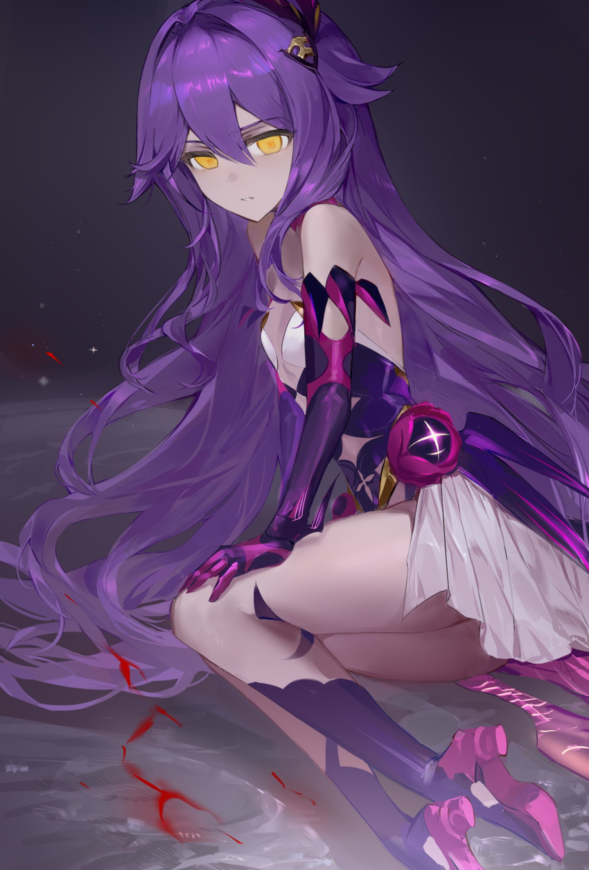 absurdres baiser3rd black_background boots breasts dress elbow_gloves female gloves hair_between_eyes hair_ornament high_heel_boots high_heels highres honkai_(series) honkai_impact_3rd long_hair lying magical_girl on_side purple_dress purple_footwear purple_gloves purple_hair sirin sirin_(miracle_magical_girl) small_breasts solo thighs very_long_hair yellow_eyes