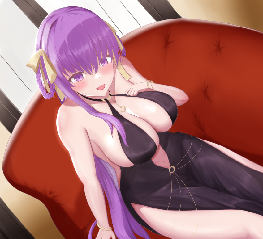 absurdres bare_shoulders bb_(fate) bb_dubai_(fate) belly_chain black_dress blush bracelet braid braided_hair_rings breasts center_opening cleavage commentary_request dress elrin fate/grand_order fate_(series) female hair_ribbon highres jewelry large_breasts long_hair looking_at_viewer necklace open_mouth partial_commentary purple_eyes purple_hair ribbon side_slit sideboob sitting smile solo twin_braids yellow_ribbon