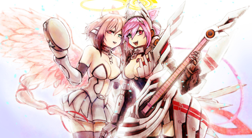 2girls absurdres angel_wings bare_shoulders black_hair breasts center_opening chains cleavage collar commission dress gradient_hair green_eyes grey_thighhighs guitar halo heterochromia highres holding holding_instrument ikaros instrument large_breasts long_hair metal_collar multicolored_hair multiple_girls original pink_hair pleated_skirt red_eyes robot_ears second-party_source short_dress skirt sleeveless sleeveless_dress sora_no_otoshimono tambourine tanamiki1212 thighhighs very_long_hair white_skirt white_wings wings