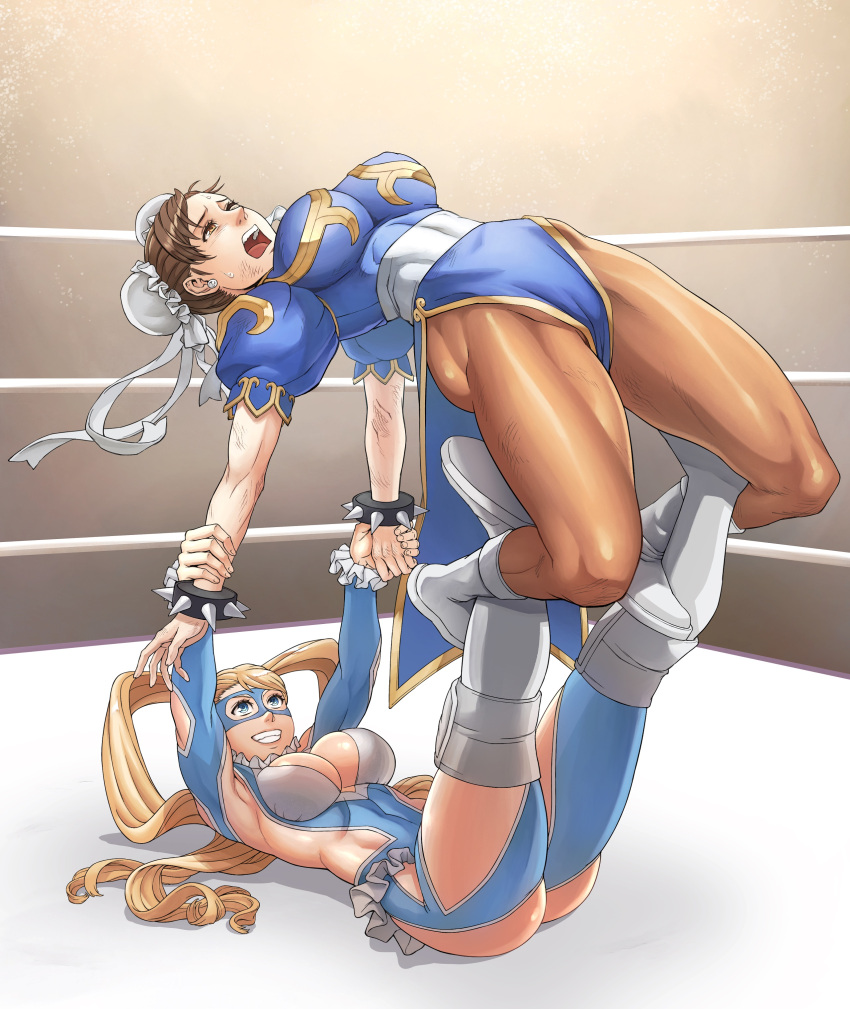 2girls absurdres arm_grab blonde_hair blue_eyes blue_leotard blush boots bracelet breasts brown_eyes brown_hair brown_pantyhose bun_cover china_dress chinese_clothes chun-li cleavage clothing_cutout domino_mask double_bun dress earrings elbow_cutout fighting grin hair_bun hair_pulled_back heart_cutout highres jewelry kineluchs large_breasts leotard long_hair mask multiple_girls muscular muscular_female open_mouth pain pantyhose pelvic_curtain rainbow_mika romero_special ryona shoulder_cutout smile spiked_bracelet spikes street_fighter street_fighter_ii_(series) street_fighter_zero_(series) submission_hold surfboard_(wrestling) thick_thighs thighs twintails wrestler wrestling wrestling_outfit wrestling_ring