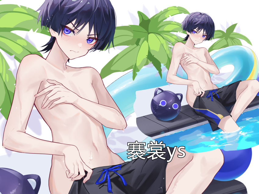 1boy 42shang artist_name black_male_swimwear blush chinese_text closed_mouth genshin_impact hair_between_eyes innertube looking_at_viewer male_focus male_swimwear navel purple_eyes purple_hair scaramouche_(cat)_(genshin_impact) scaramouche_(genshin_impact) short_hair stomach swim_ring topless_male zoom_layer