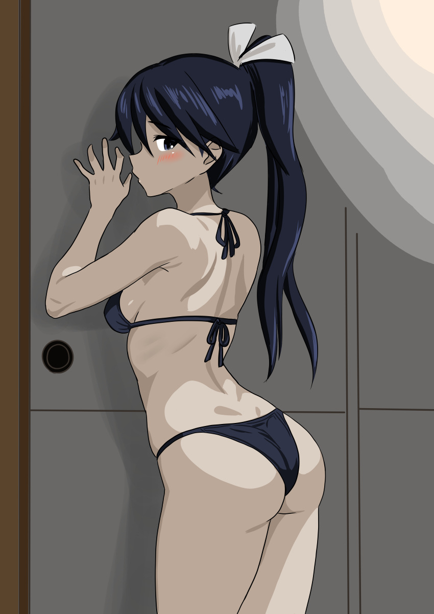 absurdres against_door ass bikini black_bikini black_eyes black_hair bone_namu(namu49850) breasts commentary_request cowboy_shot female from_behind highres houshou_(kancolle) kantai_collection long_hair looking_at_viewer looking_back ponytail small_breasts solo swimsuit