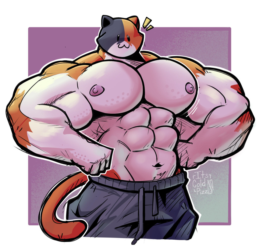 2024 abs anthro areola barazoku biceps big_muscles big_pecs border bottomwear clothed clothing deltoids domestic_cat dot_eyes emanata epic_games felid feline felis flexing fortnite fur hi_res huge_muscles huge_pecs its_coldpizza male mammal manly meowscles muscular muscular_anthro muscular_male navel nipples pants pecs purple_background serratus signature simple_background smile solo standing sweatpants thick_arms topless topless_anthro topless_male tuft white_border