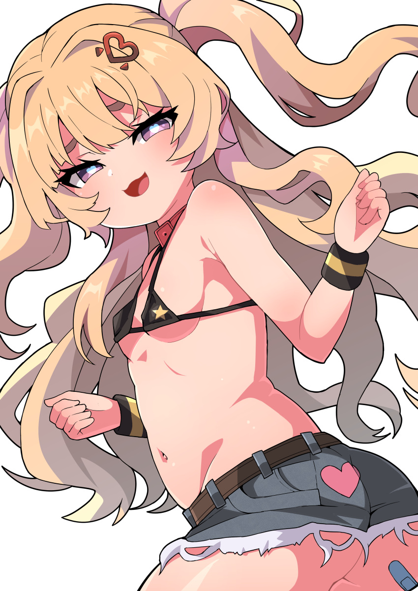 :d absurdres alternate_costume ass azur_lane bache_(azur_lane) bandaid bandaid_on_ass bikini black_bikini blonde_hair blue_shorts blush curly_hair female from_below from_side hair_between_eyes half-closed_eyes hands_up heart heart-shaped_pupils heart_print highres long_hair looking_at_viewer looking_back looking_down micro_shorts navel purple_eyes revealing_clothes sekienji shorts smile solo star_(symbol) star_print swimsuit symbol-shaped_pupils thighs torn_clothes torn_shorts very_long_hair w_arms