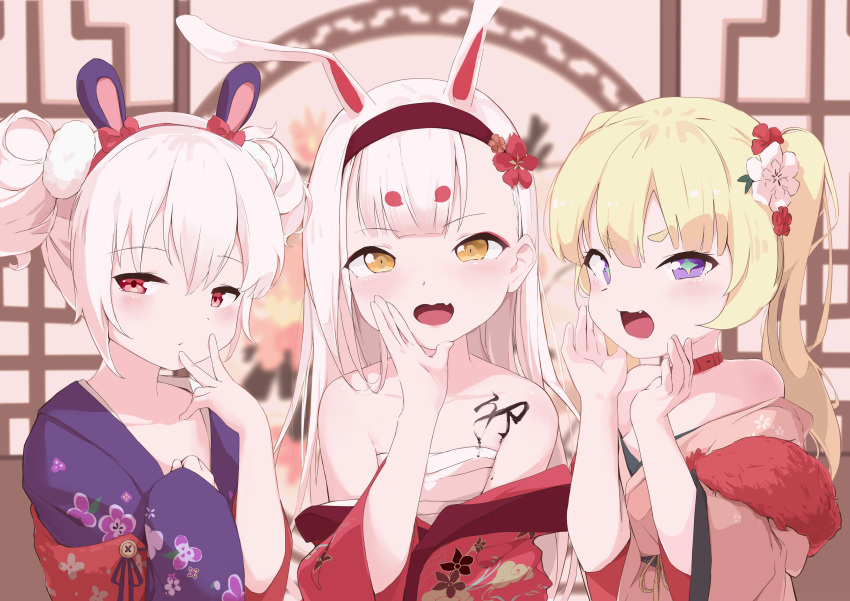 3girls absurdres alternate_costume animal_ears azur_lane bache_(azur_lane) blonde_hair chinese_new_year choker commentary_request fake_animal_ears floral_print flower hair_between_eyes hair_flower hair_ornament hairband highres indoors japanese_clothes kimono laffey_(azur_lane) laffey_(snow_rabbit_and_candy_apple)_(azur_lane) long_sleeves looking_at_viewer multiple_girls official_alternate_costume painnico print_kimono purple_eyes purple_kimono rabbit_ears red_choker red_eyes red_flower red_hairband sarashi shimakaze_(azur_lane) upper_body white_flower white_hair wide_sleeves yellow_eyes