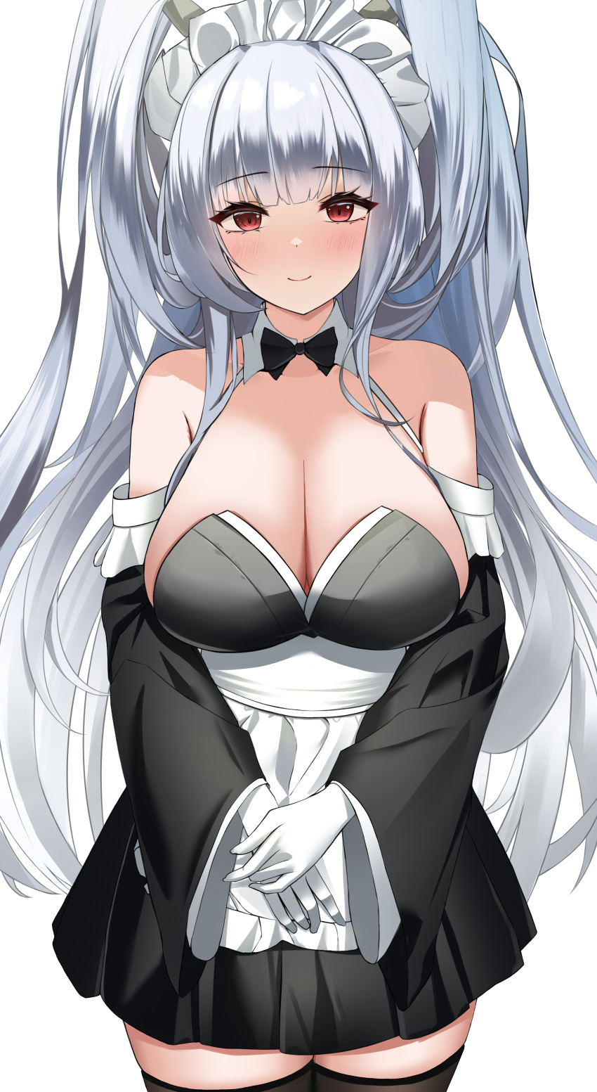 absurdres apron azur_lane black_bow black_bowtie black_dress black_sleeves black_thighhighs blush bow bowtie breasts cleavage closed_mouth commentary commission cowboy_shot detached_collar detached_sleeves dragon_girl dragon_horns dress female gloves hair_on_horn highres horns large_breasts layered_sleeves long_hair long_sleeves looking_at_viewer maid maid_headdress official_alternate_costume own_hands_together pixiv_commission red_eyes shimanto_(azur_lane) shimanto_(the_comfy_dragon_god)_(azur_lane) simple_background smile solo thighhighs white_apron white_background white_gloves white_hair wide_sleeves wynnblue zettai_ryouiki