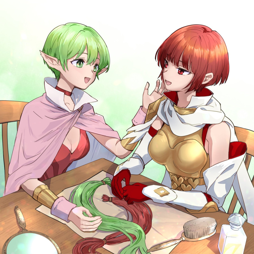 2girls alternate_hairstyle armor cape commission cordelia_(fire_emblem) cordelia_(resplendent)_(fire_emblem) fire_emblem fire_emblem_awakening gloves green_eyes green_hair highres minorudonguri multiple_girls open_mouth pauldrons pink_cape pointy_ears red_gloves red_hair scarf short_hair shoulder_armor single_pauldron skeb_commission tiki_(adult)_(fire_emblem) tiki_(fire_emblem) white_scarf