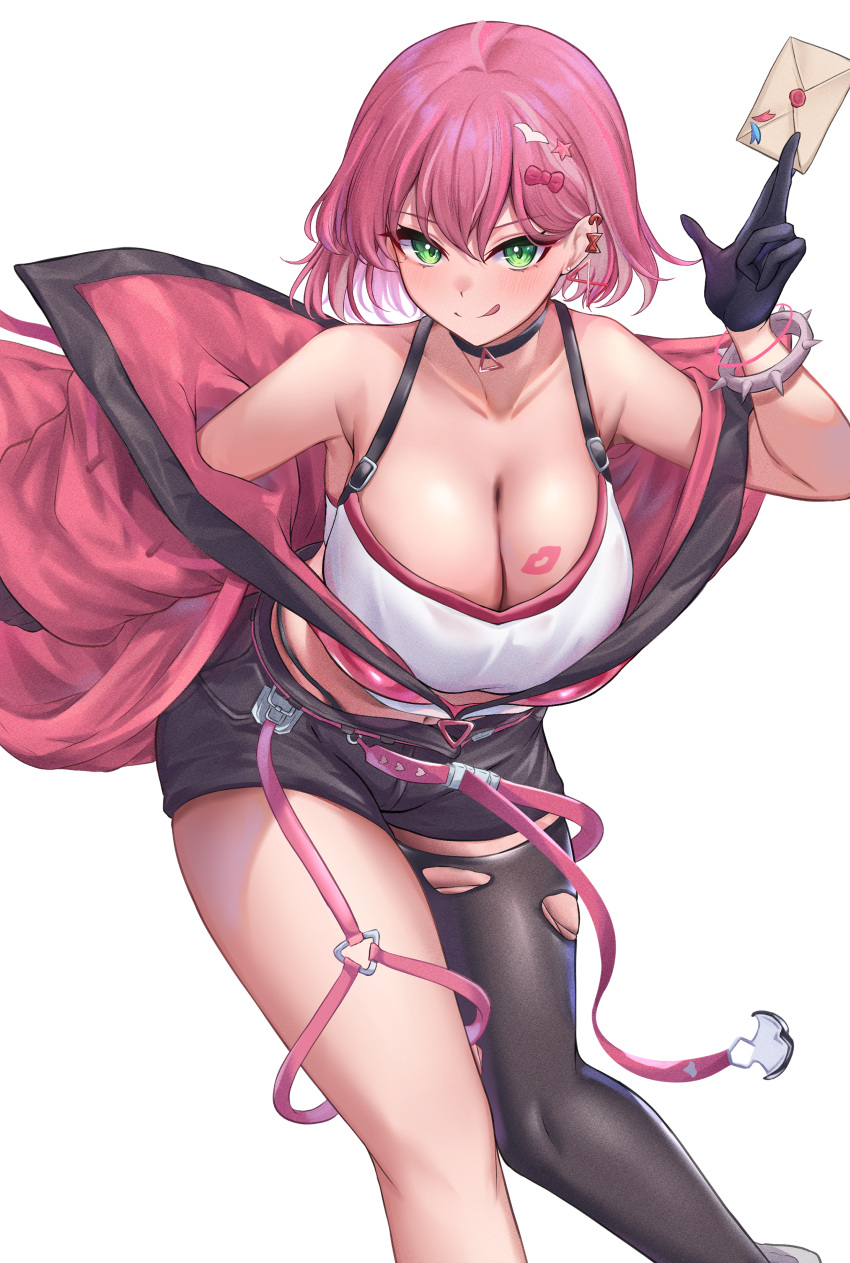 absurdres belt black_choker breasts choker cleavage coat collarbone cowboy_shot duel_monster envelope evil_twin_ki-sikil female gloves green_eyes highres holding holding_envelope jacket ki-sikil_(yu-gi-oh!) large_breasts lipstick_mark lipstick_mark_on_breast looking_at_viewer neko_punch_(user_hddm3373) official_alternate_costume pink_belt pink_coat pink_hair short_hair short_shorts shorts single_thighhigh smile thighhighs white_background yu-gi-oh!