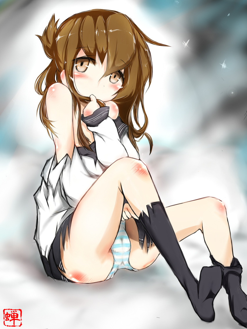 bad_id bad_pixiv_id brown_eyes brown_hair female folded_ponytail highres inazuma_(kancolle) kantai_collection ninomae_kazuki panties pantyhose pantyshot school_uniform serafuku sitting skirt solo striped_clothes striped_panties torn_clothes torn_pantyhose torn_skirt underwear