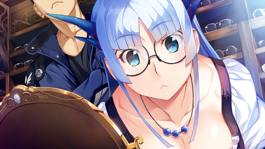 :< black-framed_glasses blue_eyes blue_hair blush cleavage collarbone eyebrows eyebrows_visible_through_hair female fumio_(ura_fmo) game_cg glasses hatsuru_koto_naki_mirai_yori highres indoors jacket leaning_forward long_hair looking_at_viewer mirror necklace serious short_sleeves solo_focus standing yukikaze_geneblood