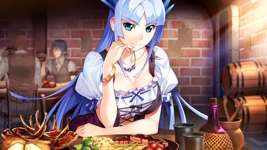 barrel blue_eyes blue_hair bottle bracelet bread breasts chair cleavage dress eyebrows eyebrows_visible_through_hair female food fumio_(ura_fmo) game_cg hand_on_own_cheek hatsuru_koto_naki_mirai_yori highres indoors large_breasts long_hair looking_at_viewer public restaurant sitting smile sunlight table yukikaze_geneblood