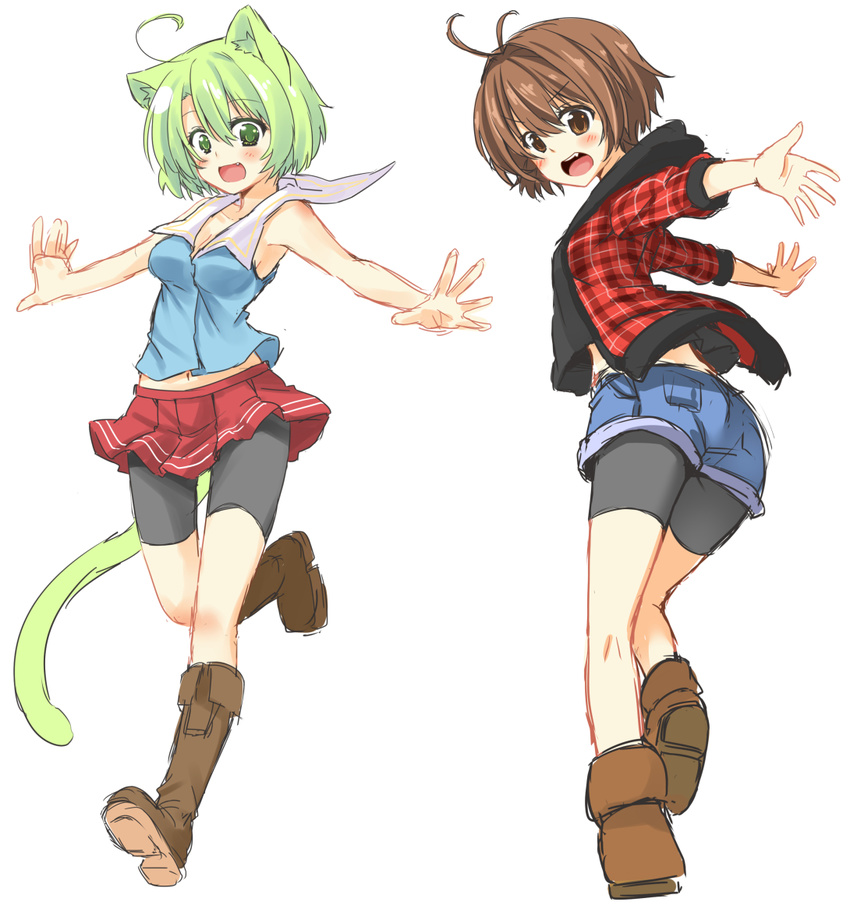 2girls ahoge animal_ears antenna_hair bike_shorts brown_eyes brown_hair cat_ears cat_tail commentary_request dodome-iro_mayonnaise dodome_mayo green_eyes green_hair multiple_girls original sharon_(dodomayo) short_hair tail