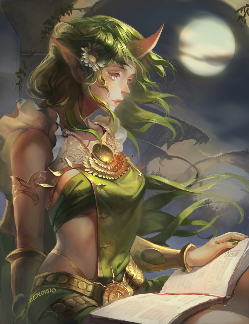 absurdres akizero1510 alternate_hair_color alternate_skin_color armlet artist_name book breasts commentary_request dress dryad_soraka female flower full_moon green_dress green_hair green_nails hair_flower hair_ornament highres horns league_of_legends long_hair medium_breasts moon nail_polish night night_sky no_bra open_book photoshop_(medium) pointy_ears sideboob sky solo soraka_(league_of_legends) underboob yellow_eyes