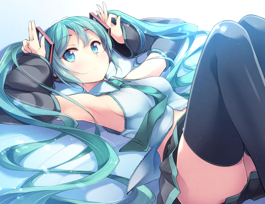 aqua_eyes aqua_hair armpits arms_up black_thighhighs commentary detached_sleeves female hatsune_miku highres long_hair looking_at_viewer lying matsuuni md5_mismatch necktie on_back pleated_skirt resolution_mismatch sidelocks skirt solo source_smaller thighhighs twintails very_long_hair vocaloid