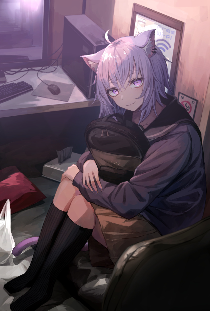 absurdres ahoge animal_ears backpack bag black_sailor_collar black_socks brown_skirt cat_ears cat_girl cat_tail closed_mouth commentary computer computer_mouse ear_piercing female full_body highres hololive indoors internet_cafe kneehighs looking_at_viewer miyabino_(miyabi1616) monitor nekomata_okayu on_chair piercing purple_eyes purple_hair purple_shirt revision sailor_collar school_uniform serafuku shirt short_hair sitting skirt smile socks solo tail tissue_box unworn_backpack unworn_bag virtual_youtuber wi-fi_symbol