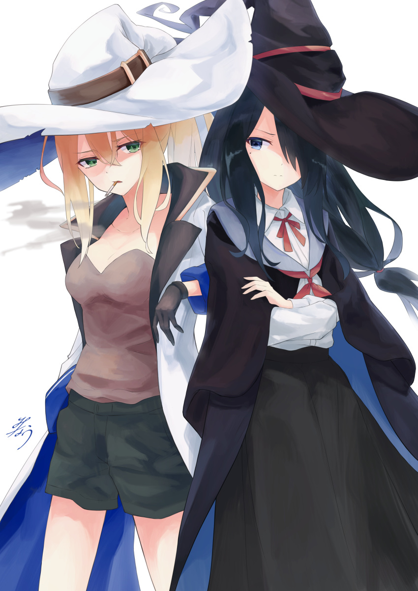 2girls absurdres black_capelet black_gloves black_hair black_headwear blonde_hair blue_eyes breasts capelet cigarette coat collarbone collared_shirt commentary crossed_arms fran_(majo_no_tabitabi) gloves green_eyes hair_over_one_eye hat hat_belt hat_ribbon highres long_coat long_hair long_sleeves majo_no_tabitabi minau37 mole mole_under_eye multiple_girls neck_ribbon ponytail red_ribbon ribbon sheila_(majo_no_tabitabi) shirt shorts signature smoke smoke_trail smoking white_background white_coat white_headwear white_shirt witch_hat