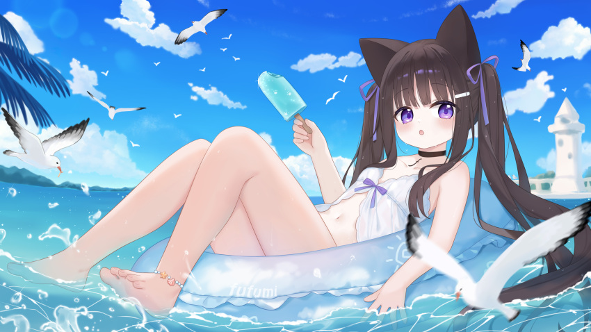 :o absurdres animal animal_ears bare_arms bare_legs bare_shoulders barefoot bikini bird blue_sky blurry blurry_foreground brown_hair cat_ears cat_girl cat_tail cloud commentary_request day depth_of_field female food fufumi hair_ribbon highres holding holding_food horizon innertube knees_up long_hair looking_at_viewer ocean original outdoors parted_lips popsicle purple_eyes purple_ribbon railing ribbon seagull sky soles solo swim_ring swimsuit tail twintails very_long_hair water white_bikini