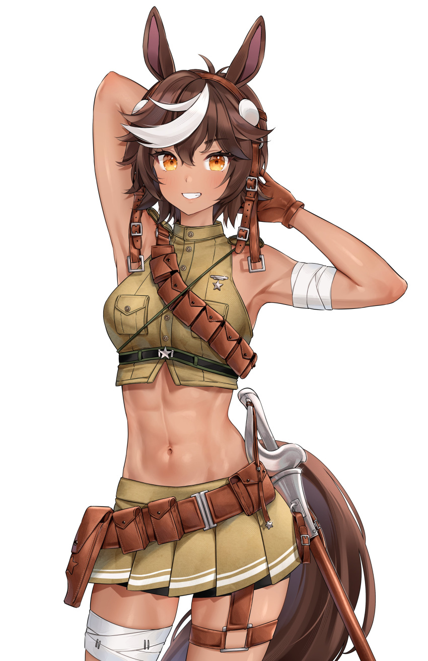 absurdres animal_ears arms_behind_head artist_request bandaged_arm bandaged_leg bandages bandolier belt bike_shorts_under_skirt black_shorts breast_pocket breasts brown_eyes brown_gloves brown_hair cowboy_shot cowlick crop_top female gloves highres horse_ears horse_girl horse_tail indie_virtual_youtuber midriff multicolored_hair navel pleated_skirt pocket second-party_source sheath sheathed shirt shorts skirt sleeveless sleeveless_shirt smile solo star_(symbol) tail tan tomoe_umari tomoe_umari_(1st_costume) toned two-tone_hair virtual_youtuber white_hair yellow_shirt yellow_skirt