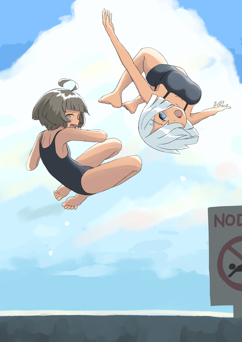 2girls ahoge black_one-piece_swimsuit blue_eyes blue_sky brown_eyes brown_hair cloud commentary_request day hamakaze_(kancolle) highres jumping kantai_collection kishinami_(kancolle) multiple_girls one-piece_swimsuit outdoors school_swimsuit short_hair sign sky swimsuit toplow white_hair