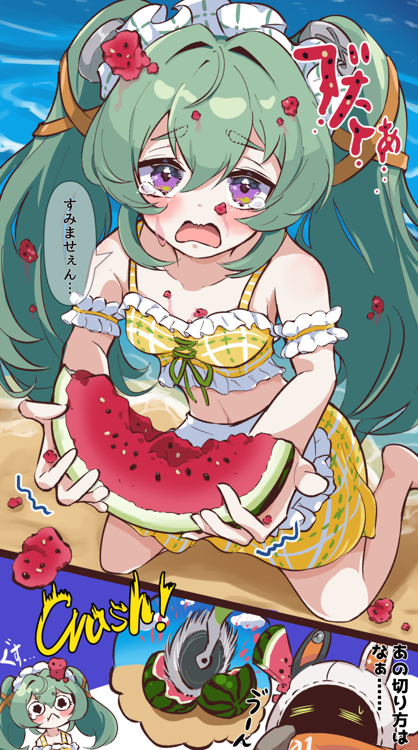 absurdres alternate_costume apron bangboo_(zenless_zone_zero) beach bikini blush breasts cashew_0_dgren circular_saw commentary_request corin_wickes eous_(zenless_zone_zero) female food food_on_body food_on_face fruit green_hair hair_between_eyes hair_intakes highres holding_watermelon kneeling long_hair maid maid_apron maid_headdress open_mouth purple_eyes sand saw screw_hair_ornament small_breasts speech_bubble swimsuit tearing_up thought_bubble translation_request twintails water watermelon watermelon_slice yellow_bikini zenless_zone_zero