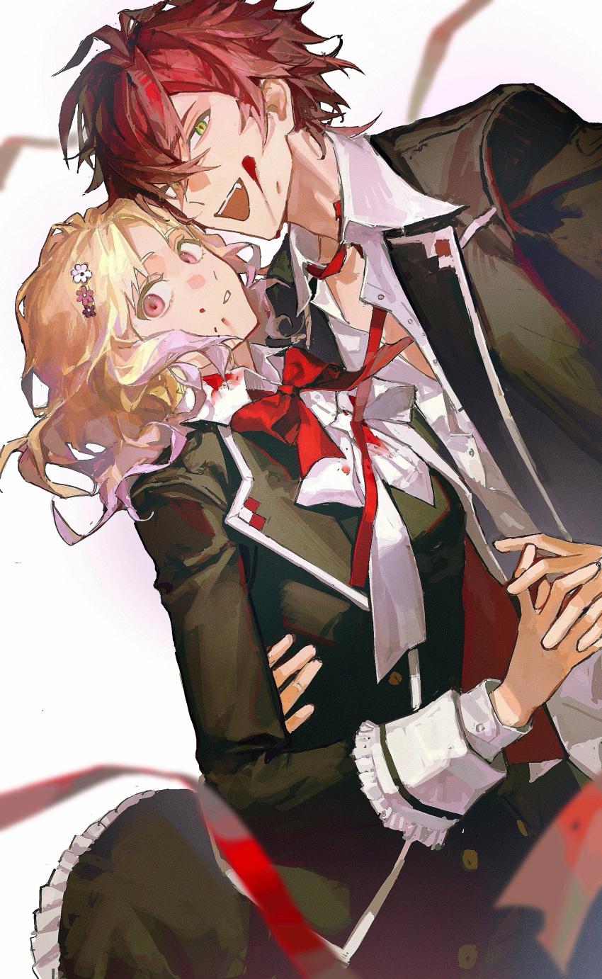 1boy absurdres black_dress black_jacket blonde_hair blood blood_on_clothes blood_on_face chinese_commentary collared_shirt commentary_request diabolik_lovers dress female flower frilled_cuffs frilled_dress frills green_eyes hair_flower hair_ornament hand_on_another's_waist highres holding_hands iuew jacket komori_yui long_sleeves medium_hair multicolored_hair neck_ribbon oerba_yun_fang open_clothes open_collar open_jacket open_mouth pink_hair red_eyes red_hair ribbon sakamaki_ayato shirt short_hair smile two-tone_hair white_background white_shirt