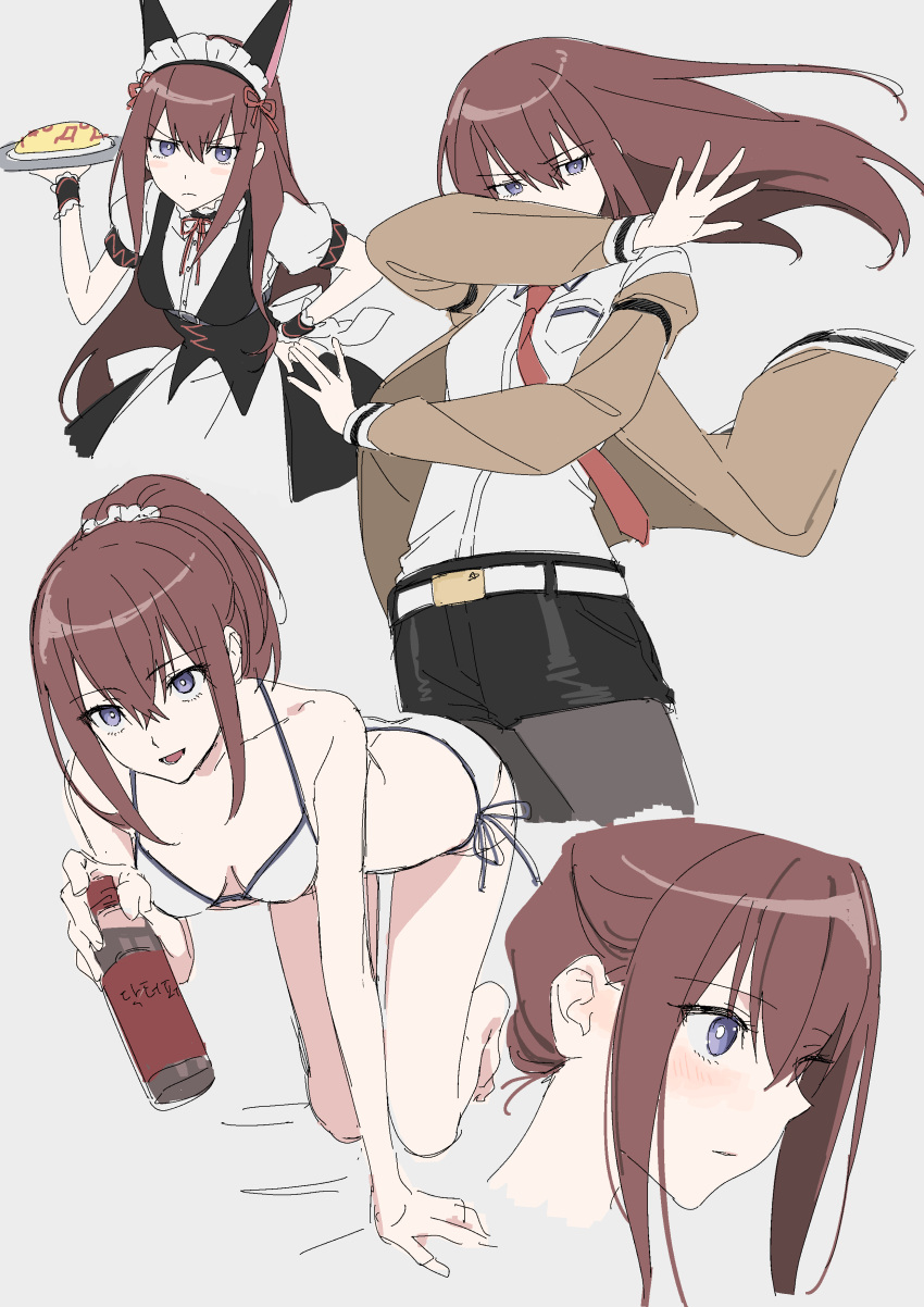 absurdres bikini blue_eyes blush bottle breasts female hair_up highres holding holding_bottle holding_plate jacket maid makise_kurisu necktie nonanonnon6u6 plate red_hair side-tie_bikini_bottom solo steins;gate swimsuit