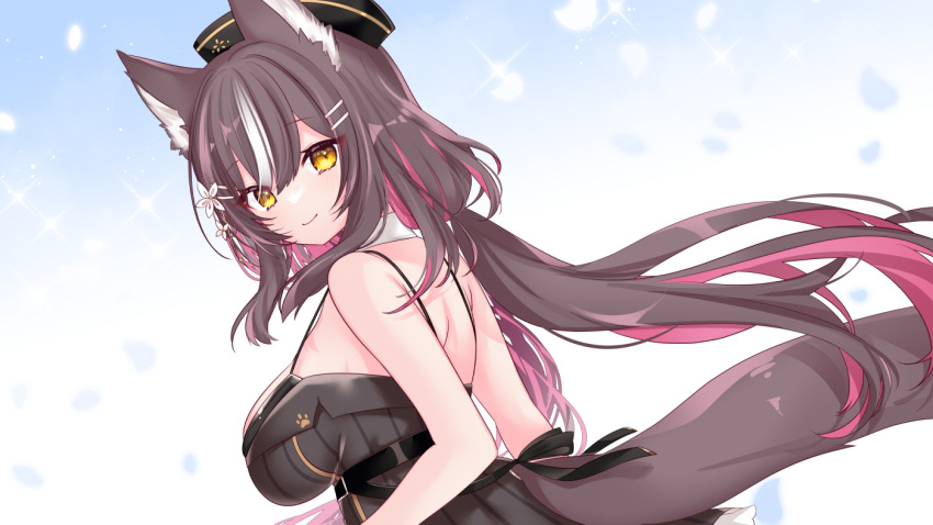 ama_natsuko animal_ears bare_arms bare_shoulders belt black_dress black_hat breasts brown_hair chisaka_airi closed_mouth colored_inner_hair commission detached_collar dress female floating_hair flower from_behind from_side hair_flower hair_ornament hat large_breasts long_hair looking_at_viewer looking_back low_twintails multicolored_hair phase_connect skeb_commission sleeveless sleeveless_dress smile solo spaghetti_strap strap_gap streaked_hair tail twintails two-tone_hair very_long_hair virtual_youtuber wolf_ears wolf_girl wolf_tail yellow_eyes