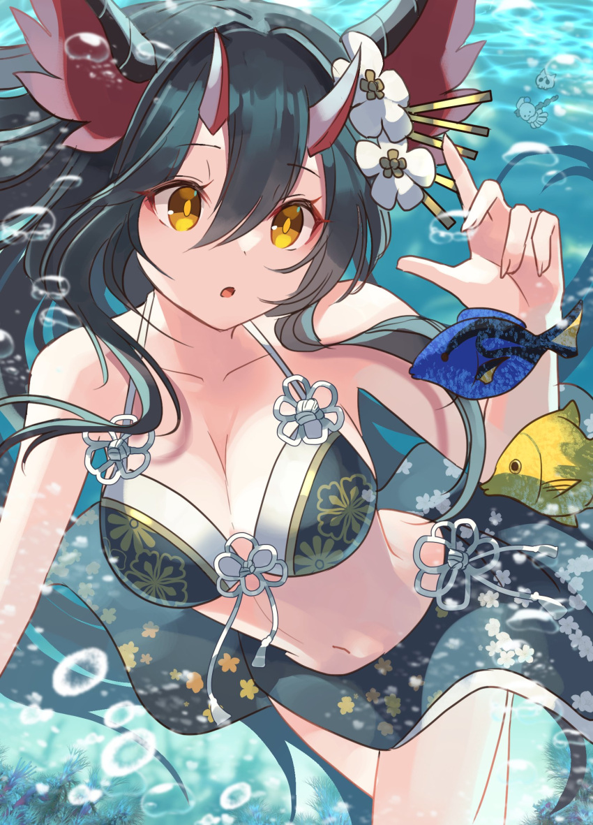 air_bubble breasts bubble cleavage demon_girl demon_horns female fish floral_print_bikini floral_print_sarong flower green_hair hair_flower hair_ornament highres horns long_hair oichi_(p&d) puzzle_&_dragons rakulog sarong skull solo underwater yellow_eyes