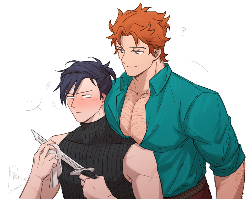 ... 2boys ? absurdres arm_hair arms_up bare_arms black_shirt blue_hair blush brown_pants chest_hair closed_mouth collared_shirt commentary dagger dark_blue_hair english_commentary felix_hugo_fraldarius fire_emblem fire_emblem:_three_houses highres holding holding_dagger holding_knife holding_weapon knife large_pectorals looking_at_another male_focus multiple_boys no_pupils open_clothes open_shirt orange_hair pants pectorals satodee shirt shirt_tucked_in signature simple_background sleeveless sleeveless_turtleneck smile speech_bubble sylvain_jose_gautier turtleneck twitter_username upper_body wavy_hair weapon white_background white_eyes yaoi