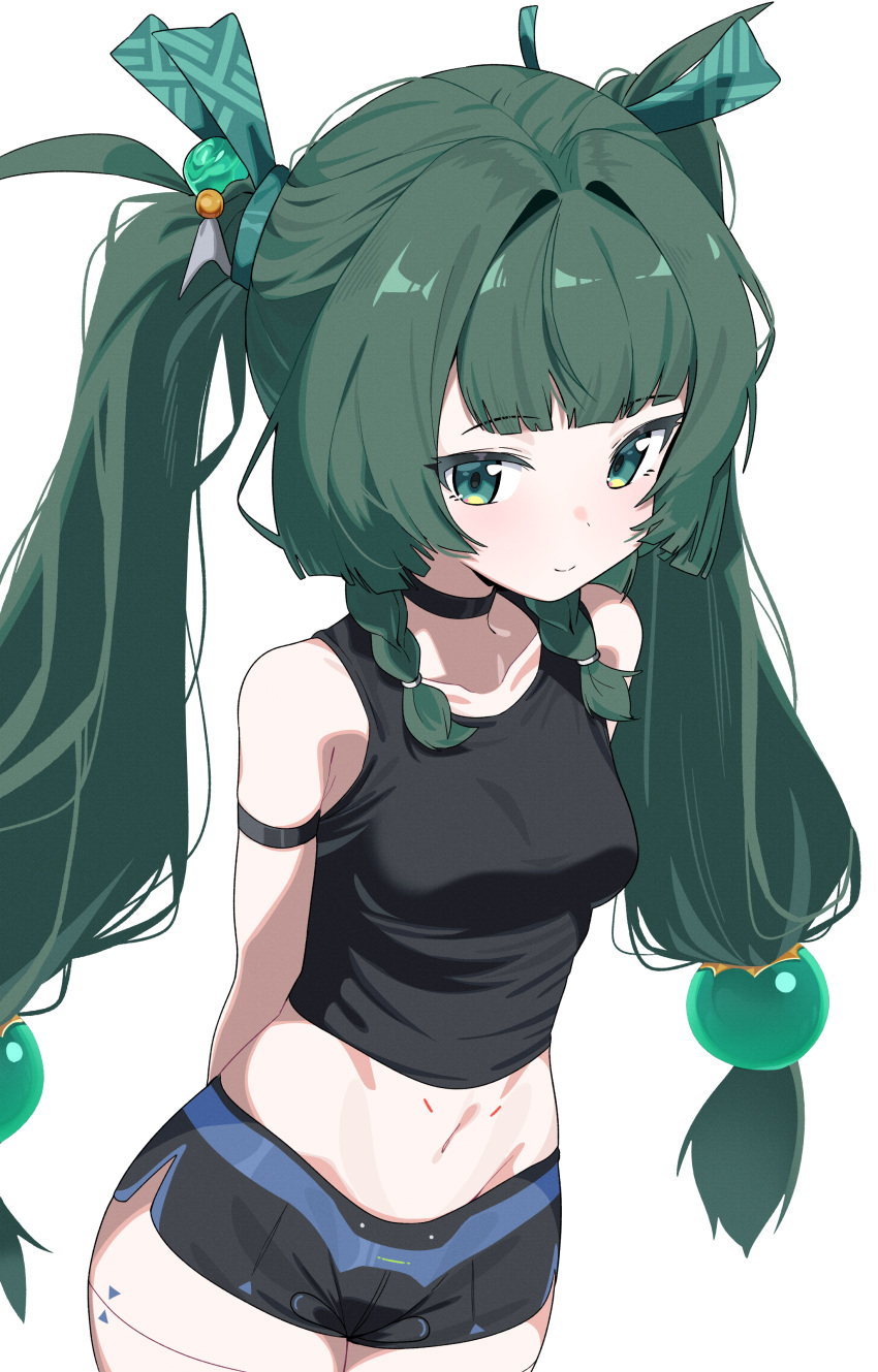 absurdres arms_behind_back black_choker black_shorts blunt_bangs braid breasts choker closed_mouth collarbone dated_commentary female green_eyes green_hair green_ribbons hair_ribbon highres long_hair looking_at_viewer medium_breasts midriff navel qingyi_(zenless_zone_zero) ribbon short_shorts shorts simple_background smile solo tosyeo twin_braids twintails white_background zenless_zone_zero