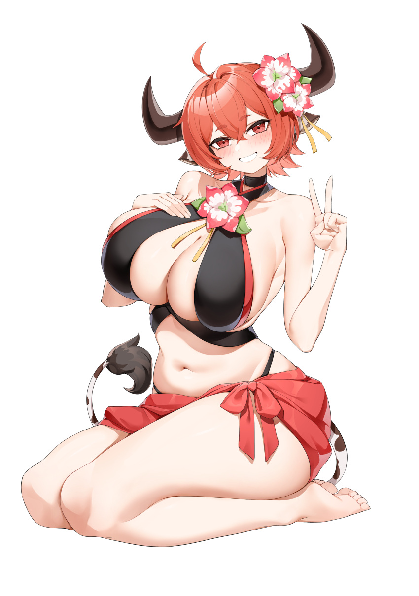 absurdres ahoge animal_ears bikini black_bikini black_choker blush breasts casul choker commission cow_ears cow_girl cow_horns cow_tail criss-cross_halter female flower grin hair_flower hair_ornament halterneck hand_on_own_chest highres horns huge_breasts looking_at_viewer navel original red_eyes red_hair red_sarong sarong short_hair simple_background smile solo swimsuit tail v white_background