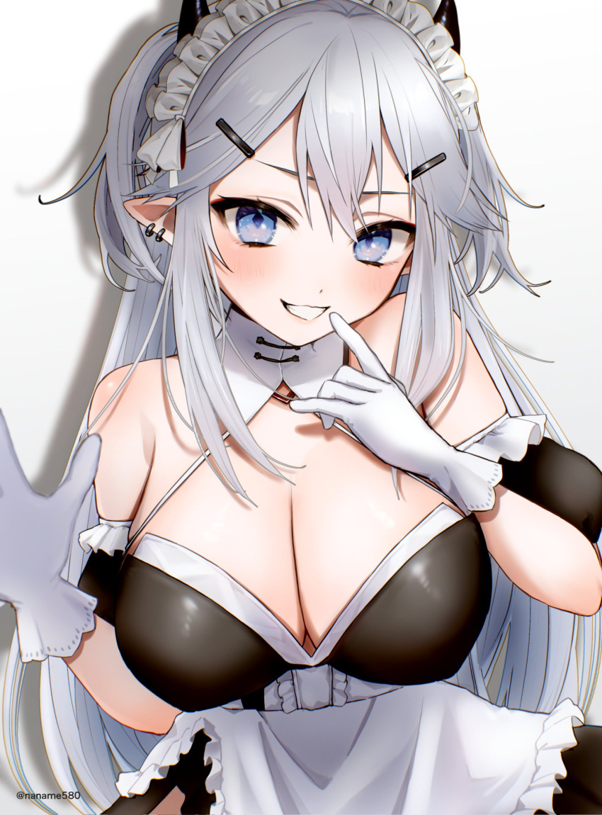 apron arm_garter black_dress black_horns blue_eyes blush breasts cleavage dress earrings female gloves grey_hair hair_ornament hairpin highres horns indie_virtual_youtuber jewelry large_breasts long_hair maid maid_headdress naname580 pointy_ears shadow smile solo twitter_username vei_(vtuber) virtual_youtuber waist_apron white_apron white_gloves