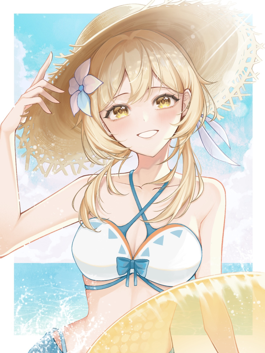 bare_shoulders bikini blonde_hair blue_sky border commentary_request criss-cross_halter female flower genshin_impact grin hair_flower hair_ornament halterneck hand_up hat highres innertube looking_at_viewer lumine_(genshin_impact) lumine_(hot_springs)_(genshin_impact) ocean official_alternate_costume outdoors outside_border short_hair_with_long_locks sky smile solo straw_hat swim_ring swimsuit unyun upper_body water white_bikini white_border yellow_eyes yellow_innertube