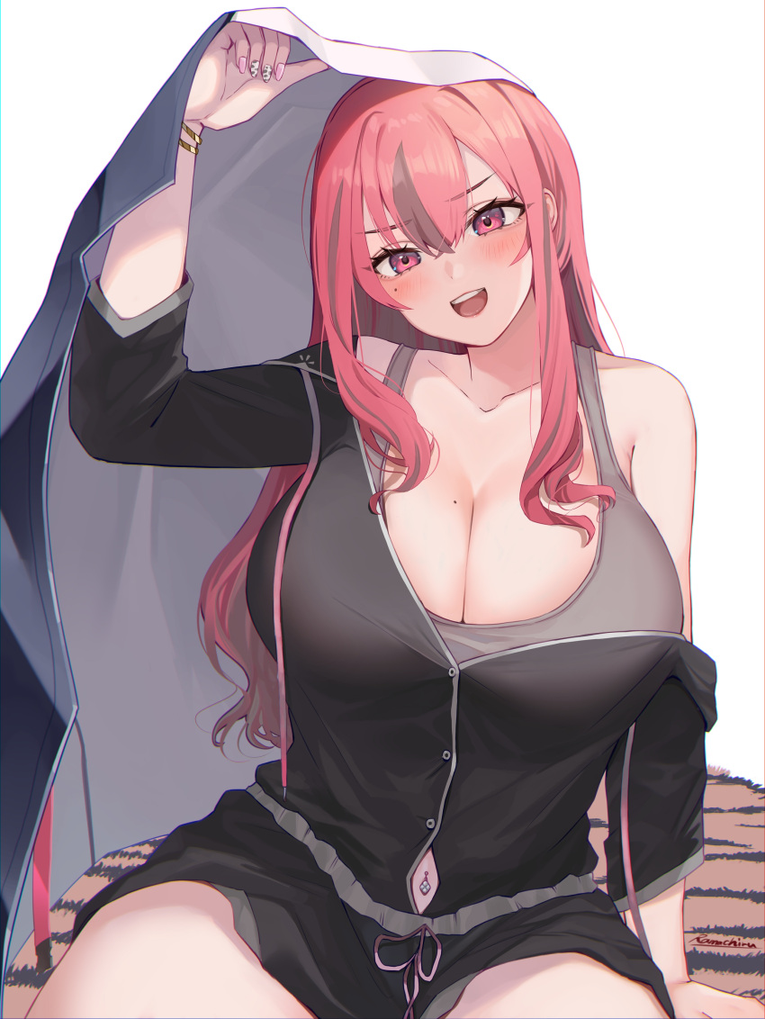 :d absurdres arm_support arm_up azur_lane bare_shoulders black_shirt black_shorts blanket blanket_veil blush bracelet breasts bremerton_(azur_lane) bremerton_(relaxation_consultation)_(azur_lane) button_gap buttons commentary_request crossed_bangs drawstring female gold_bracelet grey_hair grey_sports_bra hair_between_eyes highres huge_breasts jewelry long_hair long_sleeves looking_at_viewer mole mole_on_breast multicolored_hair multicolored_nails nail_polish navel_piercing off_shoulder official_alternate_costume open_mouth piercing pink_eyes pink_hair ramachiru shirt short_shorts shorts simple_background sitting smile solo sports_bra streaked_hair teeth thighs two-tone_hair underwear upper_teeth_only white_background