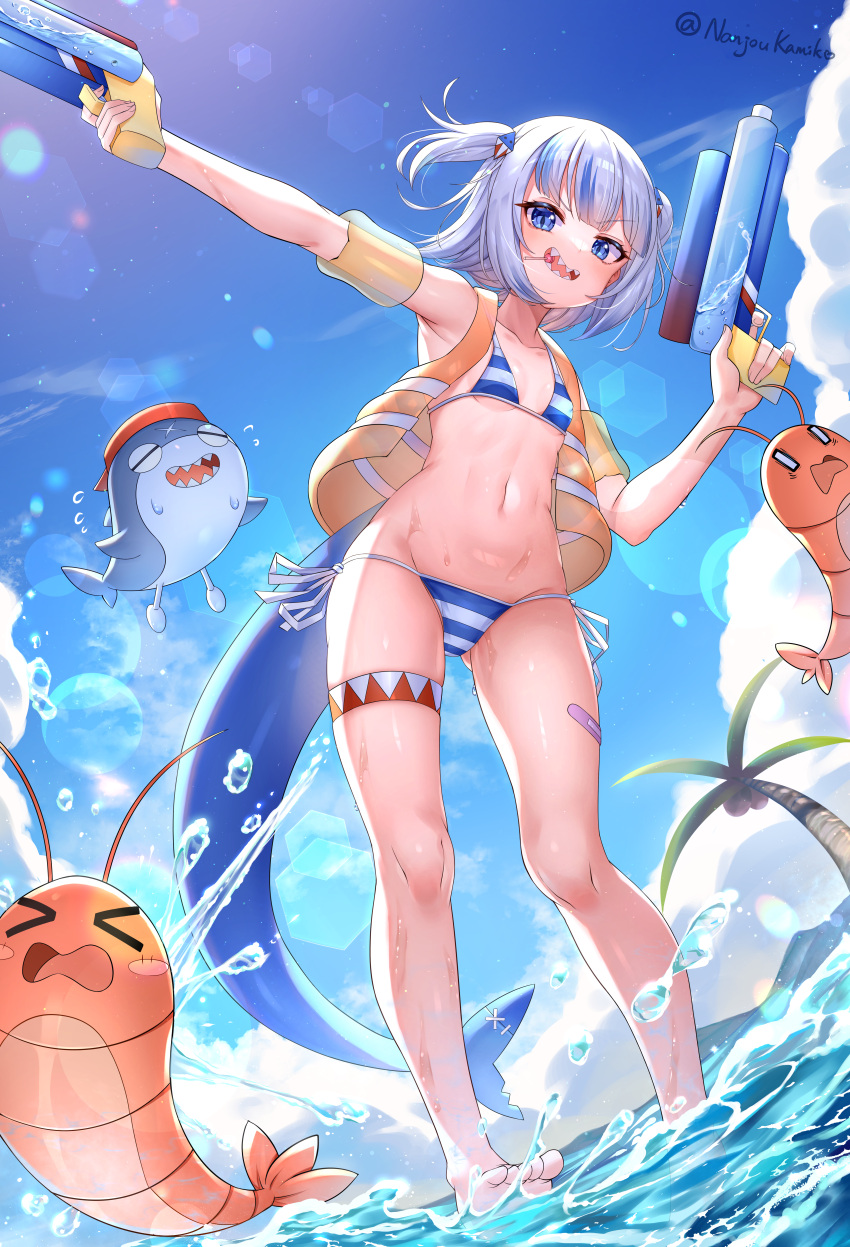 absurdres bandaid bandaid_on_leg barefoot bikini bloop_(gawr_gura) blue_bikini blue_hair blue_sky breasts candy cloud coconut_tree ebi-chan_(gawr_gura) female fins fish_tail food gawr_gura grey_hair hair_ornament highres holding holding_water_gun hololive hololive_english life_vest lollipop looking_at_viewer medium_hair miko_no_kamiko mouth_hold multicolored_hair navel open_mouth palm_tree shark_girl shark_hair_ornament shark_tail sharp_teeth sky small_breasts smile streaked_hair striped_bikini striped_clothes swimsuit tail teeth thigh_strap tree two_side_up vest virtual_youtuber wading water water_gun yellow_vest