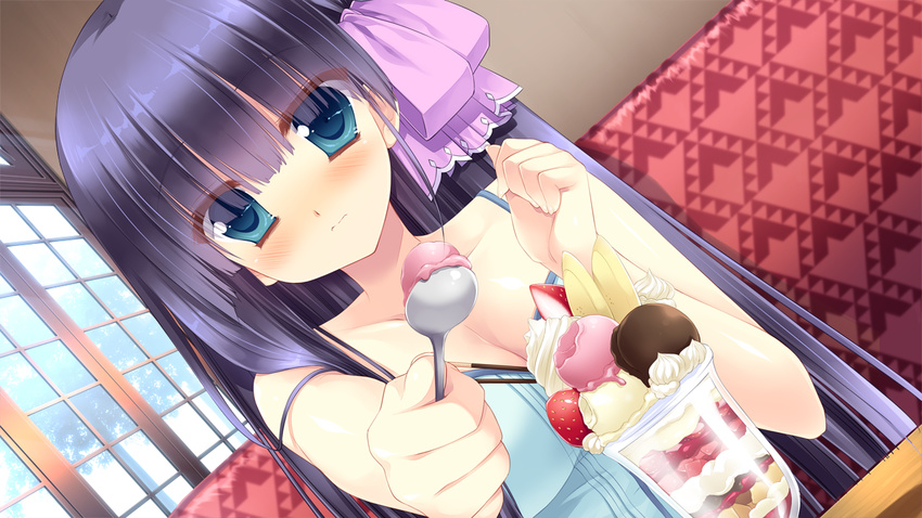 blue_eyes blush breasts cleavage dutch_angle female food foreshortening game_cg gangsta_republica ice_cream long_hair medium_breasts miyasu_risa mizugaki_koori non-web_source purple_hair solo