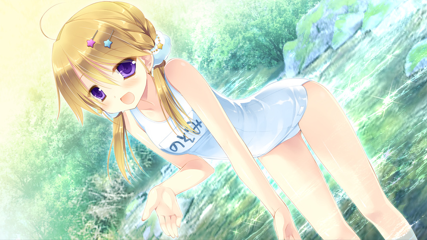 :d blonde_hair blush female flat_chest game_cg gangsta_republica hair_ornament hairclip miyasu_risa name_tag non-web_source one-piece_swimsuit open_mouth purple_eyes school_swimsuit smile solo swimsuit tokimori_nozomi water white_one-piece_swimsuit