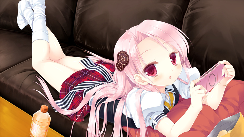 blush chestnut_mouth chips_(food) couch female food game_cg gangsta_republica handheld_game_console long_hair miyasu_risa no_shoes non-web_source open_mouth pink_hair plaid plaid_skirt playstation_portable potato_chips red_eyes sarka_grossmanova school_uniform skirt solo